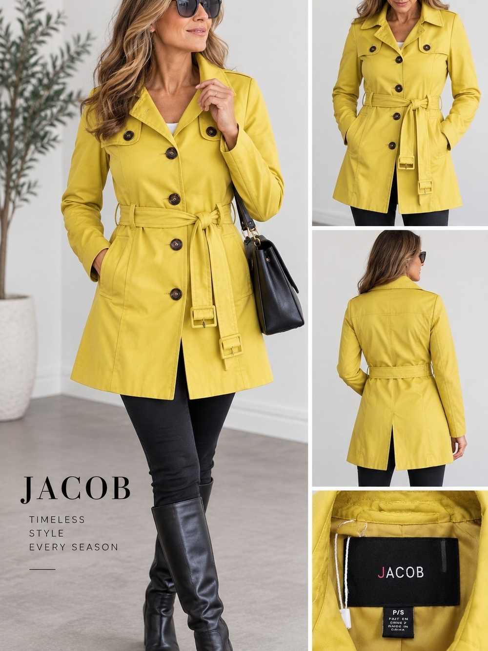 JACOB Mustard Yellow Trench Coat Belted Button Front Small Y2K
